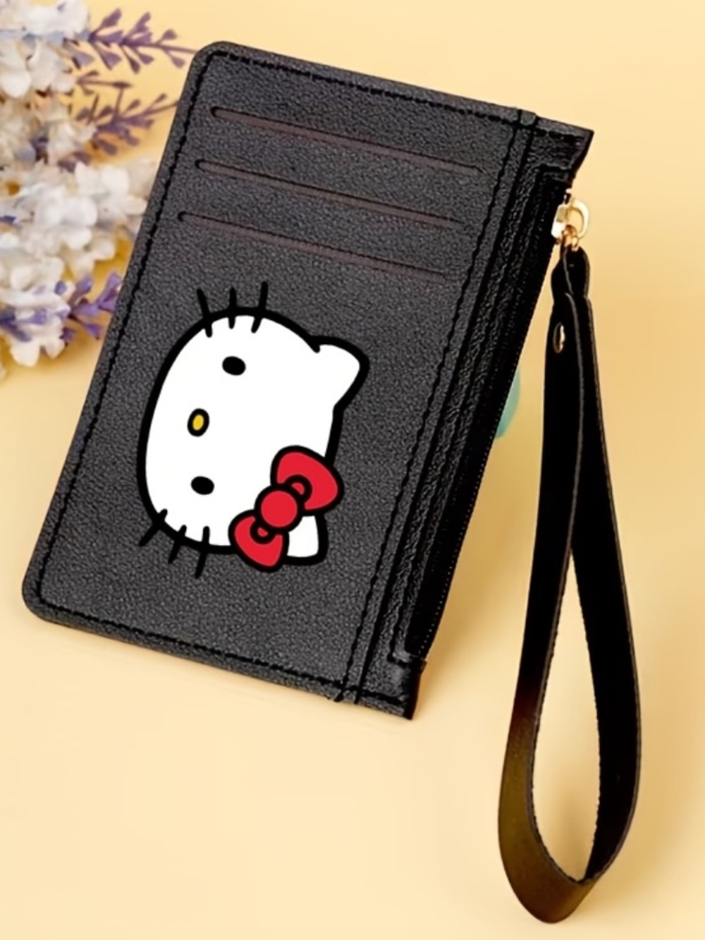 New Hello Kitty Black Card Holder Wristlet with Coin Zip Pocket